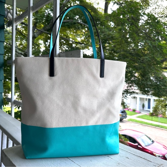 kate spade Large Bon Shopper Colorblock Basin Tote Coated Canvas Leather Straps - Picture 5 of 10